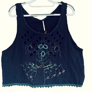Free People Desert Wonder Oversized Embroidered Navy‎ Sweater Tank  SZ M EUC